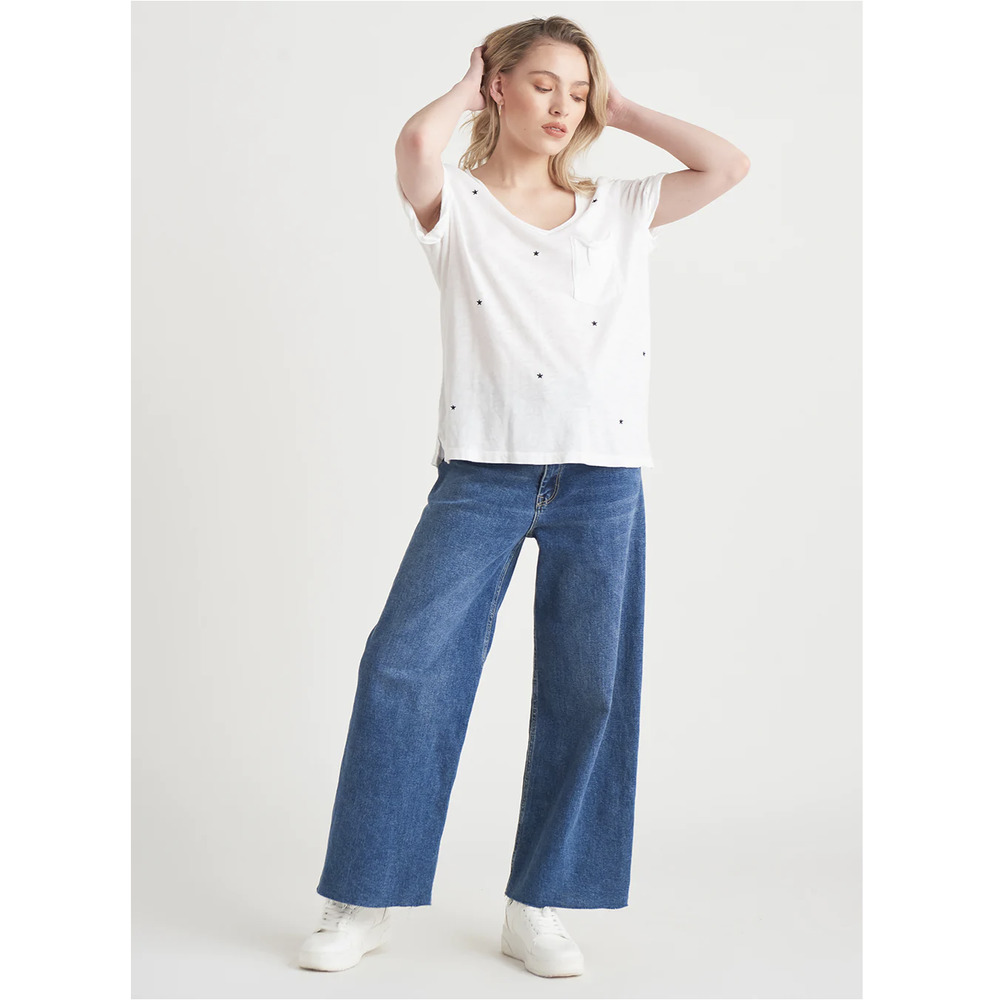 NWT DEX All Over Star Embroidered Pure Cotton Oversized Short Sleeve V-Neck Tee